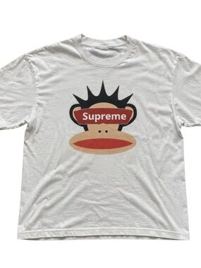 White Tee with Paul Frank Style Monkey Graphic and Red 'Supreme' Accent